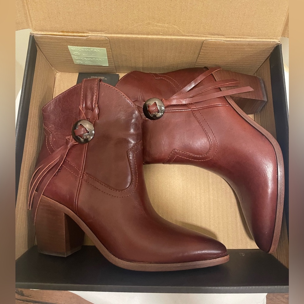 Frye mahogany Leather Western Fringe Ankle Boots